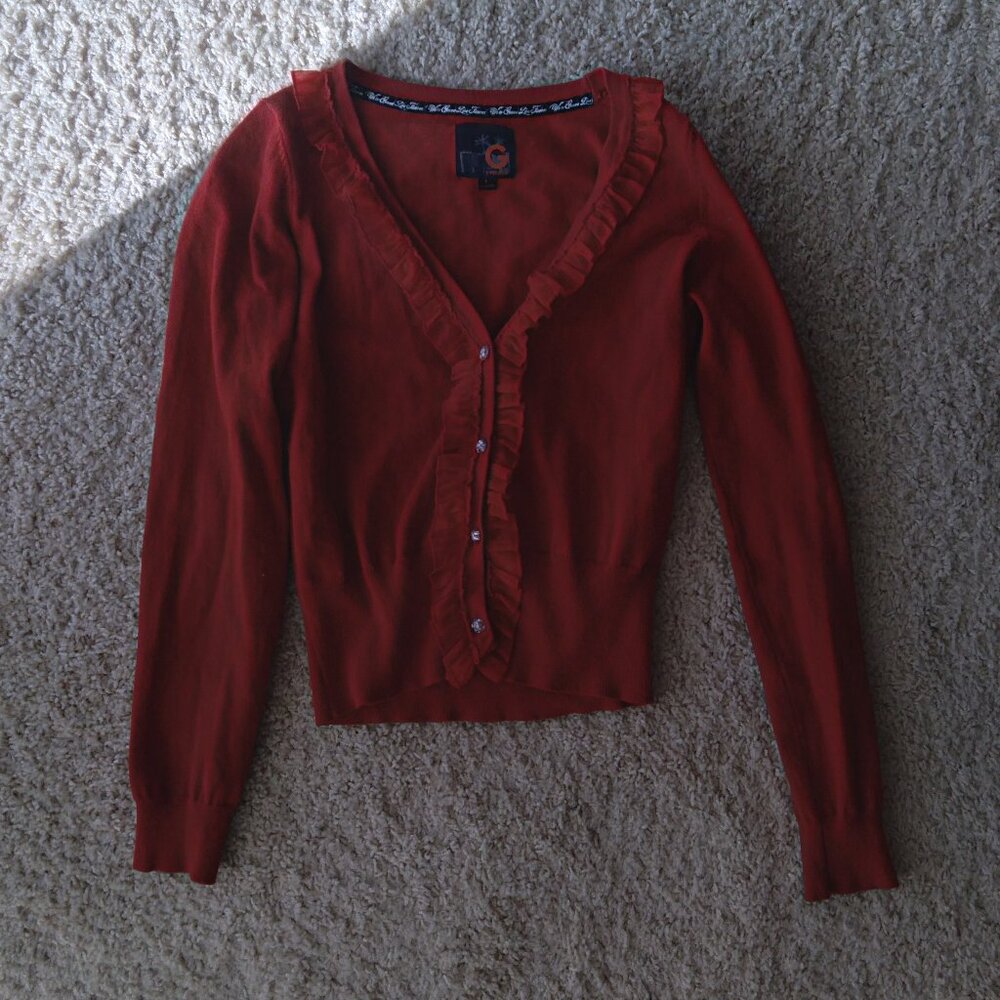 G by Guess Red Ruffle Long Sleeve Cardigan with Large Rhinestone Buttons